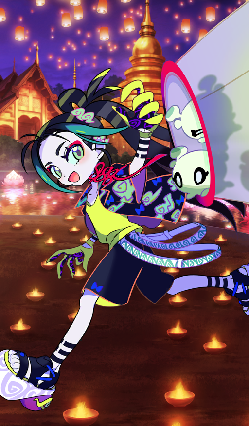 1boy :d aqua_hair black_hair black_shirt black_shorts candle child chinese_knot commentary_request con_(fate) creature eyeliner fate/grand_order fate_(series) fire floating from_side full_body gloves green_eyes green_gloves green_shirt hair_ornament lantern lapels long_hair looking_to_the_side makeup male_focus multicolored_hair night no_socks notched_lapels official_art open_clothes open_mouth open_shirt outdoors paper_lantern platform_sandals print_shirt red_eyeliner red_ribbon ribbon running shirt shirt_under_shirt short_sleeves shorts side_ponytail sidelocks sky_lantern smile solo taisui_xingjun_(event_portrait)_(fate) taisui_xingjun_(fate) take_(illustrator) third-party_source toes two-tone_hair very_long_hair wide_sleeves