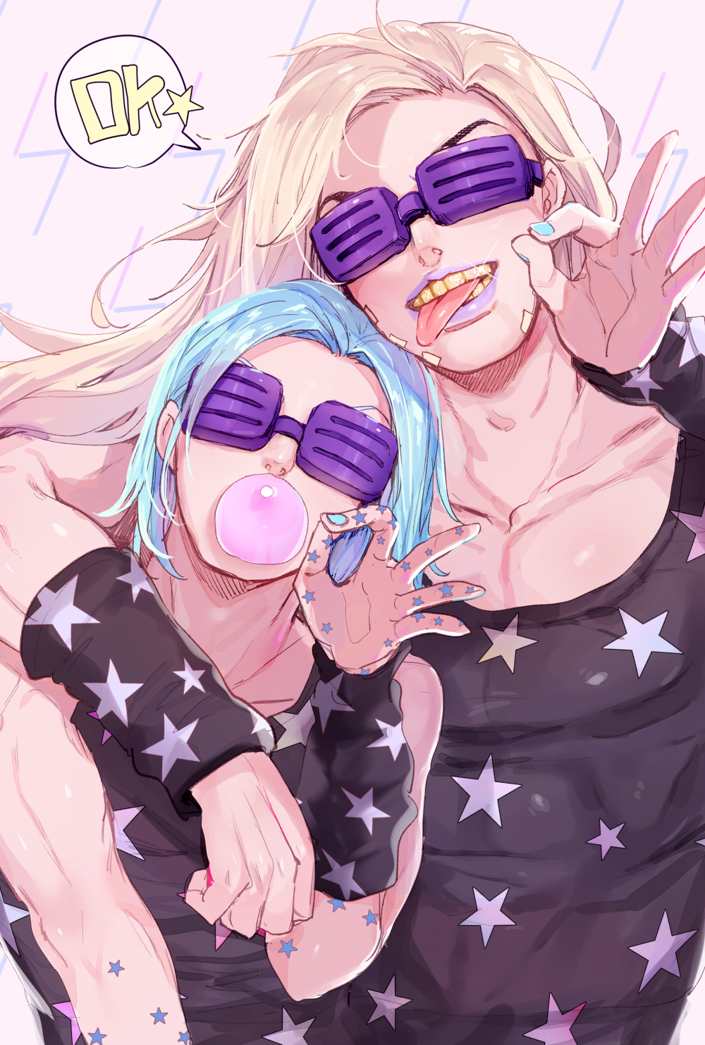 2boys bare_shoulders blonde_hair blue_hair blue_nails brown_hair chewing_gum colored_teeth dvqjo grills gyro_zeppeli highres johnny_joestar jojo_no_kimyou_na_bouken lipstick makeup male_focus multiple_boys nail_polish purple_lips star_(symbol) star_print steel_ball_run sunglasses tongue tongue_out wristband yellow_teeth