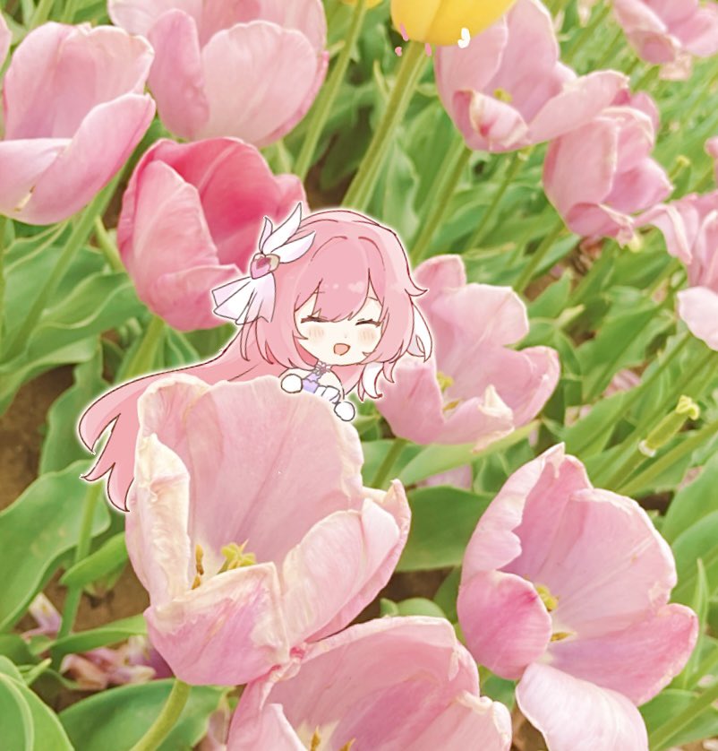 1girl chibi chibi_only commentary_request elysia_(herrscher_of_human:_ego)_(honkai_impact) elysia_(honkai_impact) field flower flower_field gloves hair_ornament honkai_(series) honkai_impact_3rd long_hair open_mouth photo_background pink_flower pink_tulip smile solo tulip tya_tya_3rd very_long_hair white_gloves