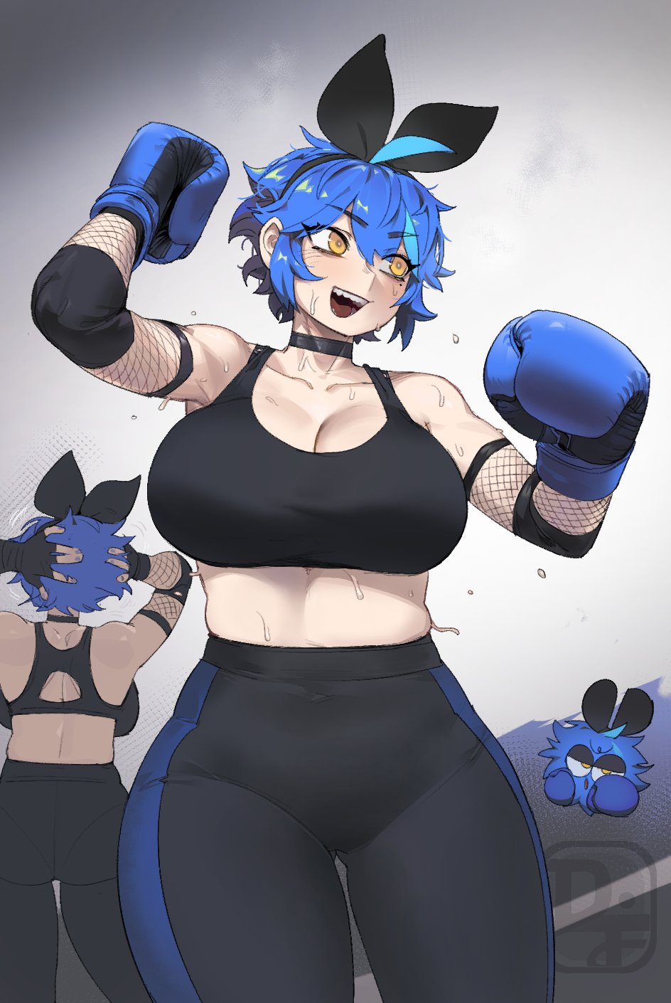 1girl bare_shoulders black_hairband black_pantyhose black_tank_top blue_gloves blue_hair boxing_gloves breasts cleavage collarbone cowboy_shot crop_top dif_(difman) difman gloves grey_background hairband highres large_breasts midriff multiple_views original pantyhose simple_background solo_focus sweat tank_top