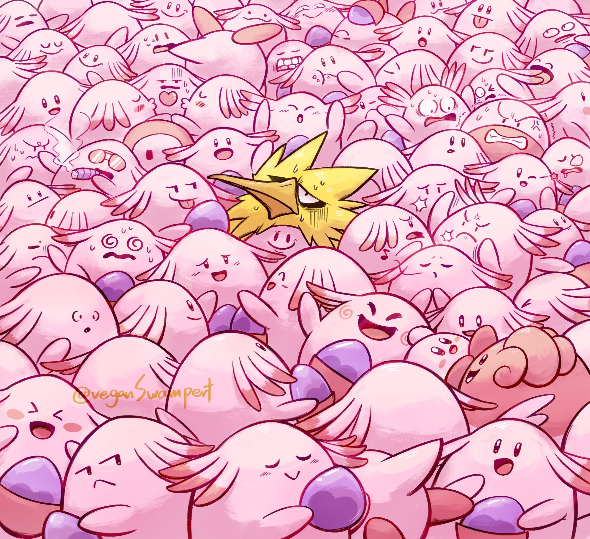 >_< :> @_@ anger_vein angry blissey blush_stickers chansey character_request cigar closed_eyes closed_mouth commentary_request crossover ditto egg electrode_(pokemon) fall_guy fall_guys gen_1_pokemon gen_2_pokemon happy heart highres holding holding_cigar kirby kirby_(series) legendary_pokemon looking_at_another musical_note nintendo no_humans one_eye_closed open_mouth parted_lips pokemon pokemon_(creature) pokemon_egg sleeping smile smoking sunglasses sweat teeth tongue tongue_out too_many transformed_ditto twitter_username veganswampert zapdos