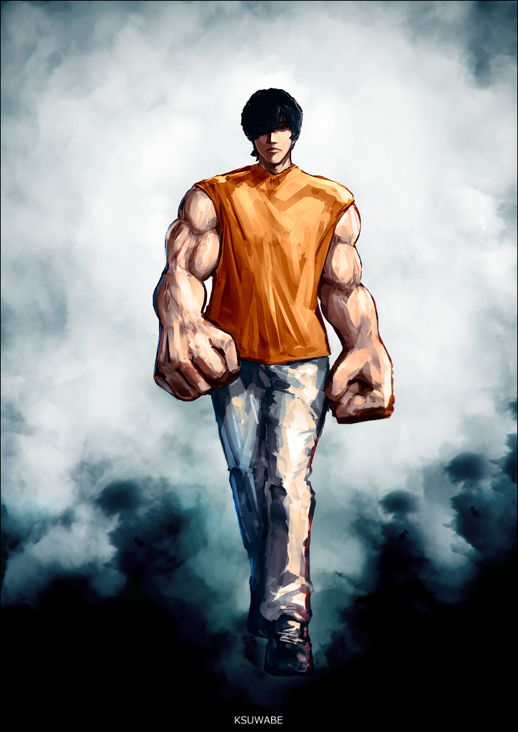 1boy black_eyes black_hair clenched_hands closed_mouth denim facing_viewer jeans k-suwabe looking_at_viewer male_focus muscular muscular_male orange_shirt oversized_limbs pants real_life shirt shoes short_hair sleeveless sneakers solo walking yonezu_kenshi