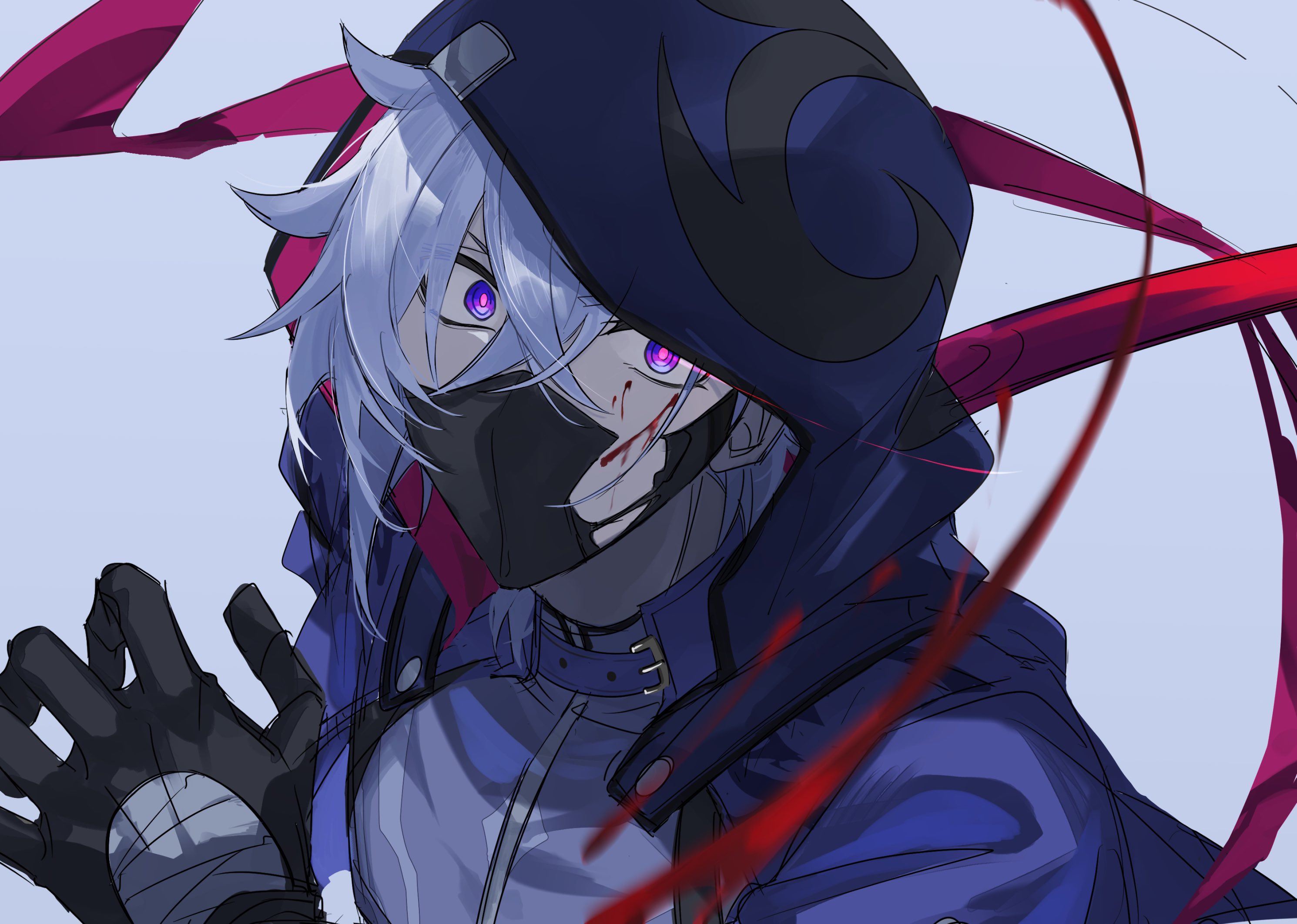 1boy bandaged_hand bandages black_gloves black_mask bleeding blood blood_on_face commentary_request cropped_jacket crossed_bangs cuts gloves glowing glowing_eye grey_background hair_between_eyes hand_up highres honkai:_star_rail honkai_(series) hood hood_up hooded_jacket injury jacket looking_at_viewer male_focus mask mouth_mask moze_(honkai:_star_rail) parted_bangs purple_eyes purple_hair purple_jacket purple_shirt red_ribbon ribbon shirt short_hair simple_background solo torn_mask upper_body wide-eyed yakota_(usuk-yako)