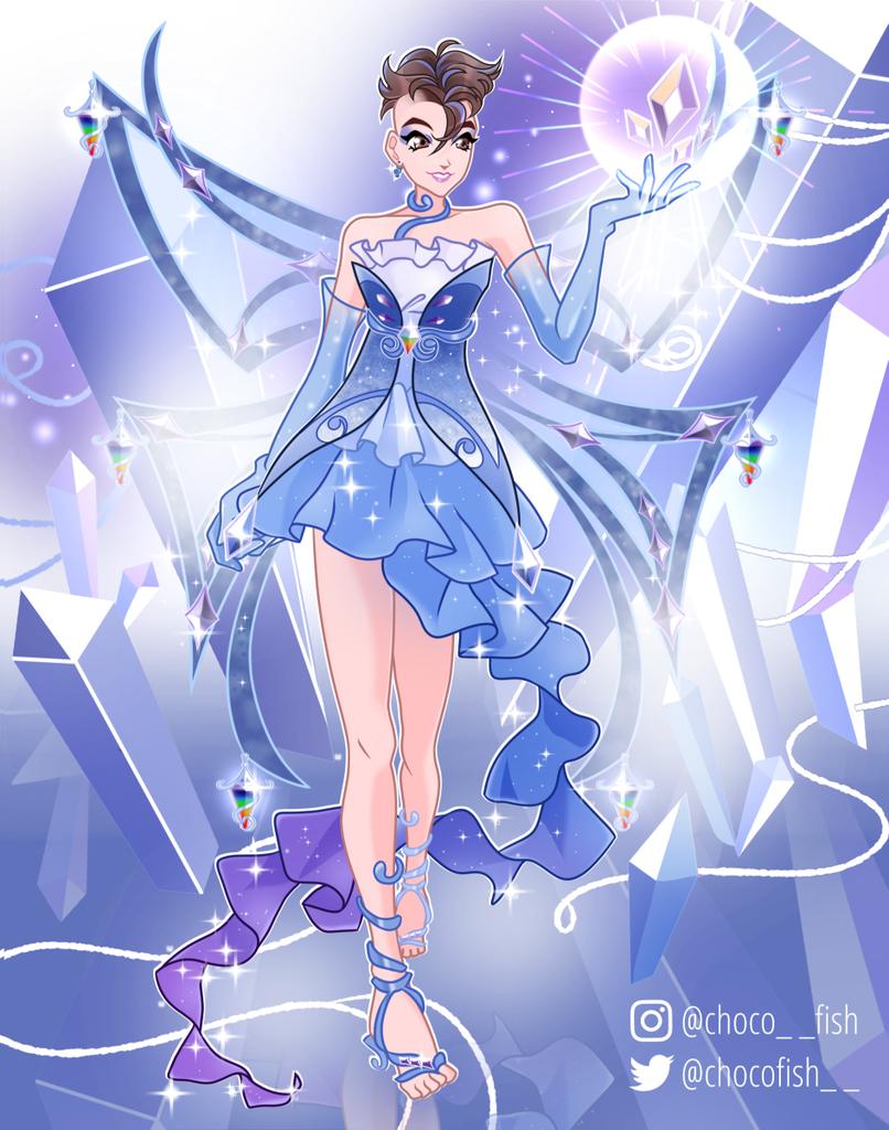 1girl bad_id bad_twitter_id bare_shoulders barefoot_sandals_(jewelry) blue_background blue_dress blue_eyeshadow blue_gloves blue_theme brown_eyes brown_hair chocofish commentary commission crystal dress earrings elbow_gloves emphasis_lines enchantix english_commentary eyeshadow fairy frilled_dress frills full_body gloves hair_between_eyes hand_up instagram_username jewelry knees light_particles lipstick looking_at_viewer magical_girl makeup messy_hair multicolored_hair open_mouth original outline pink_lips purple_hair short_dress short_hair smile solo standing strapless strapless_dress streaked_hair teeth toes train_(clothing) twitter_username two-tone_hair very_short_hair watermark white_outline winx_club