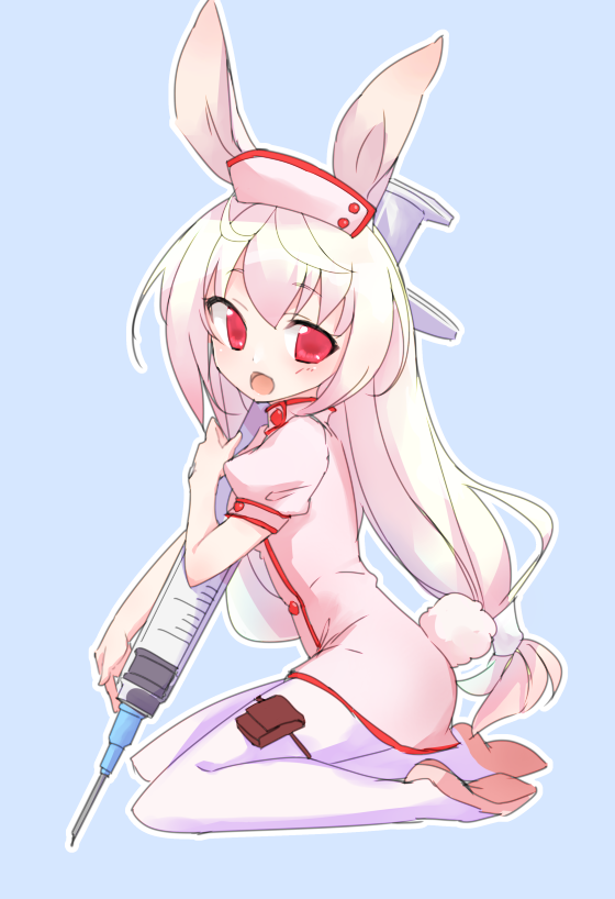 1girl animal_ears female_focus full_body hat kirara_ookami kyuuri_(miyako) large_syringe long_hair low-tied_long_hair nurse nurse_cap open_mouth oversized_object pantyhose pink_hair pop-up_story rabbit_ears rabbit_girl rabbit_tail red_eyes simple_background smile solo syringe tail white_pantyhose