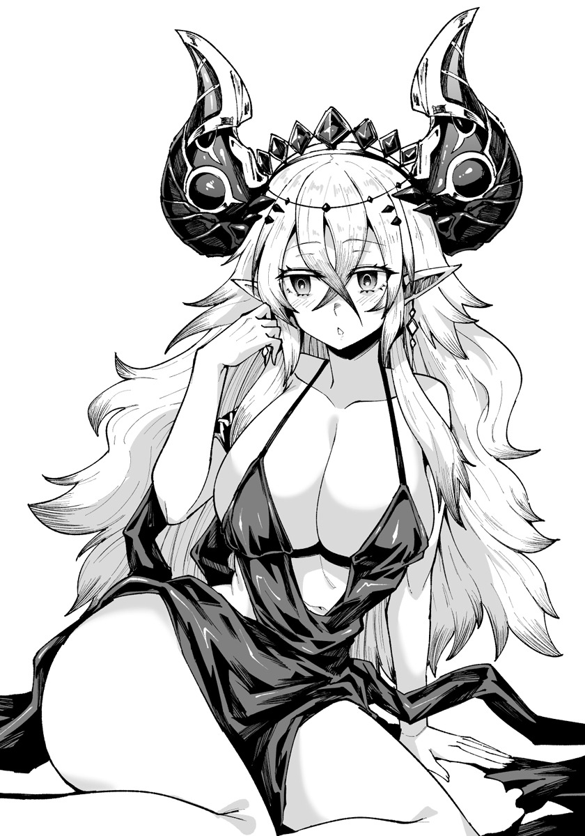 1girl alternate_breast_size alternate_costume bare_shoulders blazing_cartesia_the_virtuous blush breasts cleavage cocktail_dress collarbone dress duel_monster ecclesia_(yu-gi-oh!) edobox hand_up highres horns large_breasts legs_together long_hair monochrome pointy_ears sitting solo yu-gi-oh!