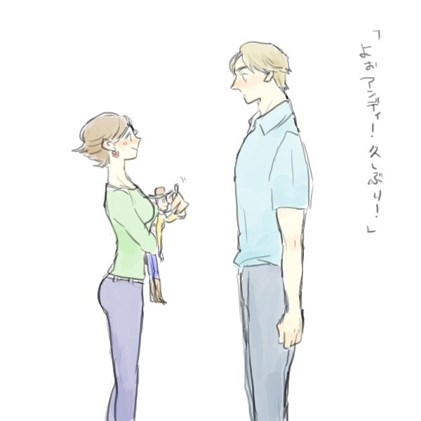 1boy 1girl andy_davis blush bonnie_anderson brown_hair denim doll earrings eye_contact feet_out_of_frame from_side ichiro_(getbusygetbusy) jeans jewelry looking_at_another aged_up pants pixie_cut polo_shirt sheriff_woody short_hair short_sleeves simple_background smile standing toy toy_story translated waving white_background