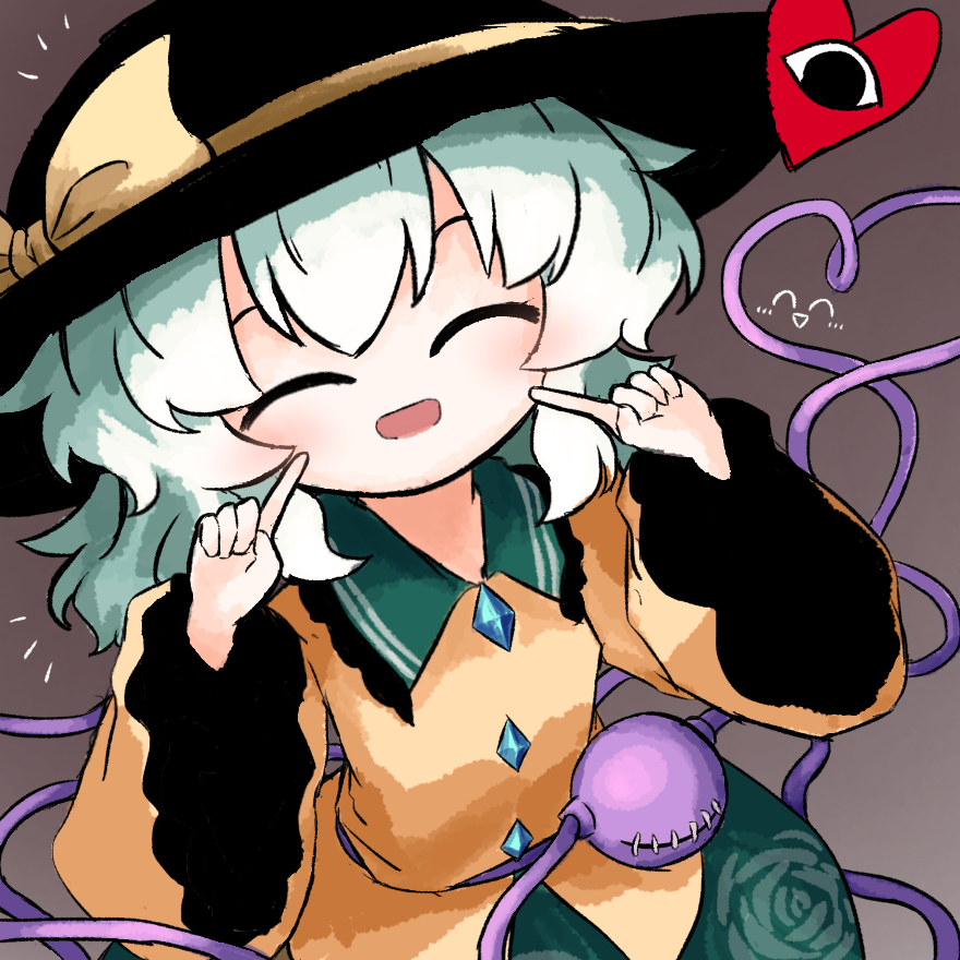 1girl black_hat buttons closed_eyes commentary_request diamond_button eyeball floral_print frilled_shirt_collar frilled_sleeves frills green_hair green_skirt hat hat_ribbon heart heart_of_string heripantomorrow index_finger_raised komeiji_koishi pointing pointing_at_self ribbon rose_print shirt skirt smile solo stitched_eye third_eye touhou wide_sleeves yellow_ribbon yellow_shirt