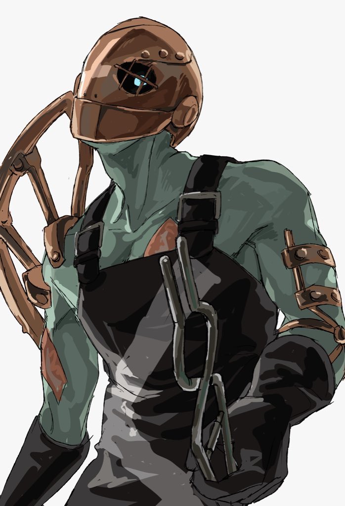 1boy 9i9abyte apron black_apron blue_eyes collarbone colored_skin commentary_request demon_(megami_tensei) devil_summoner:_soul_hackers devil_summoner_(series) green_skin helm helmet holding holding_weapon ippon-datara_(megami_tensei) korean_commentary looking_at_viewer male_focus simple_background solo standing weapon white_background