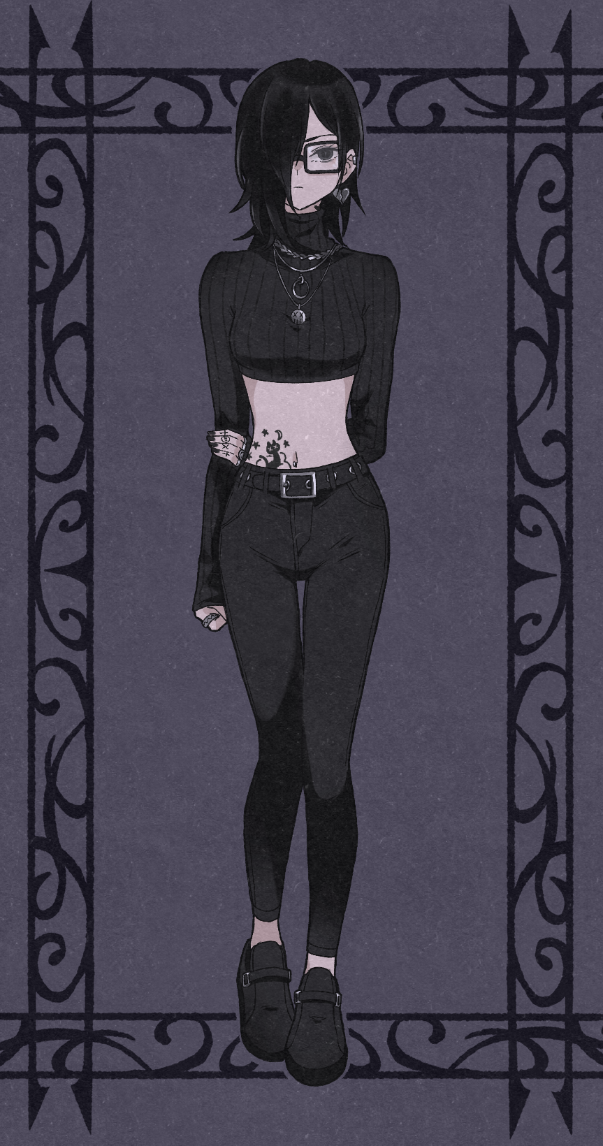 1girl belt black-framed_eyewear black_belt black_eyes black_hair black_nails black_pants black_shoes black_sweater closed_mouth ear_piercing earrings eyelashes finger_tattoo full_body glasses goth_fashion hair_over_one_eye highres jewelry judy_(sushi_pizza_rrr) long_sleeves medium_hair midriff nail_polish necklace original pants piercing ring shoes skull_necklace solo standing stomach_tattoo sushi_pizza_rrr sweater tattoo turtleneck turtleneck_sweater