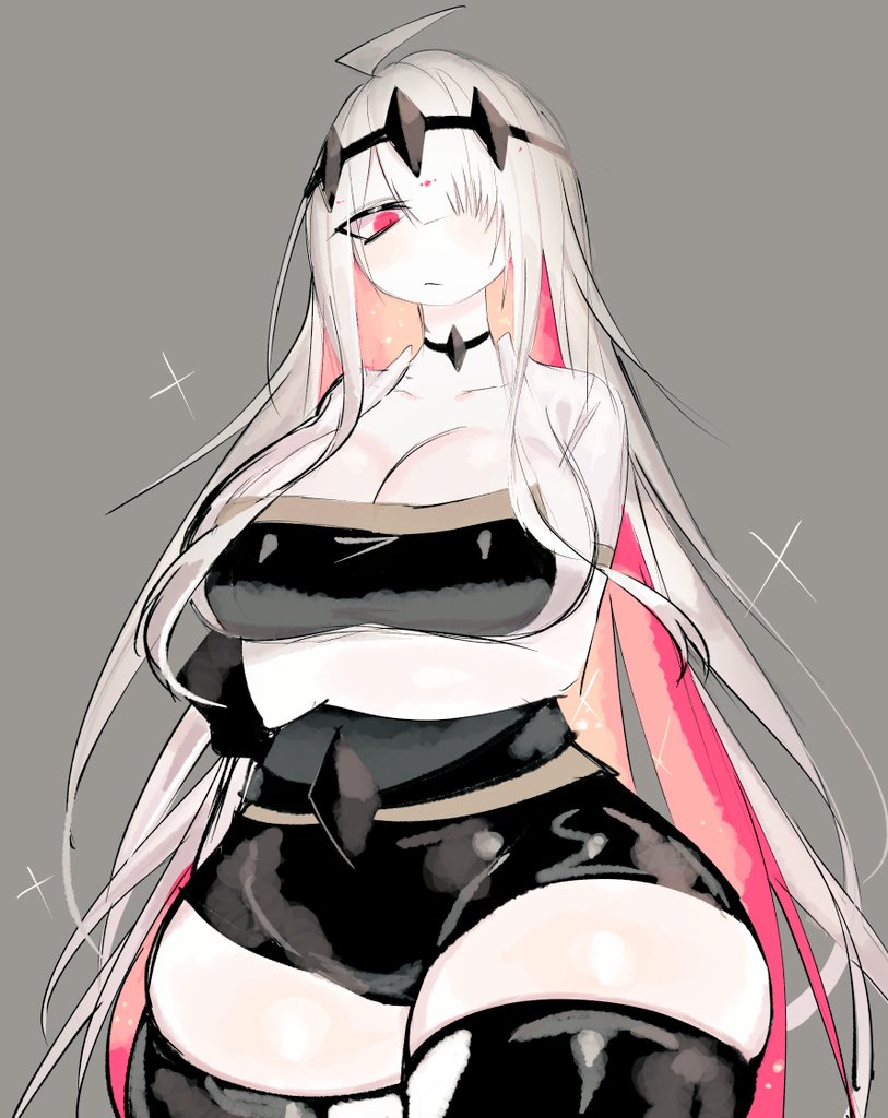 1girl ahoge arms_under_breasts breasts cleavage curvy friday_night_funkin&#039; large_breasts long_hair looking_at_viewer multicolored_hair nikusa_(sugarrito) pink_eyes pink_hair solo thick_thighs thighhighs thighs usa37107692 very_long_hair white_hair wide_hips zettai_ryouiki