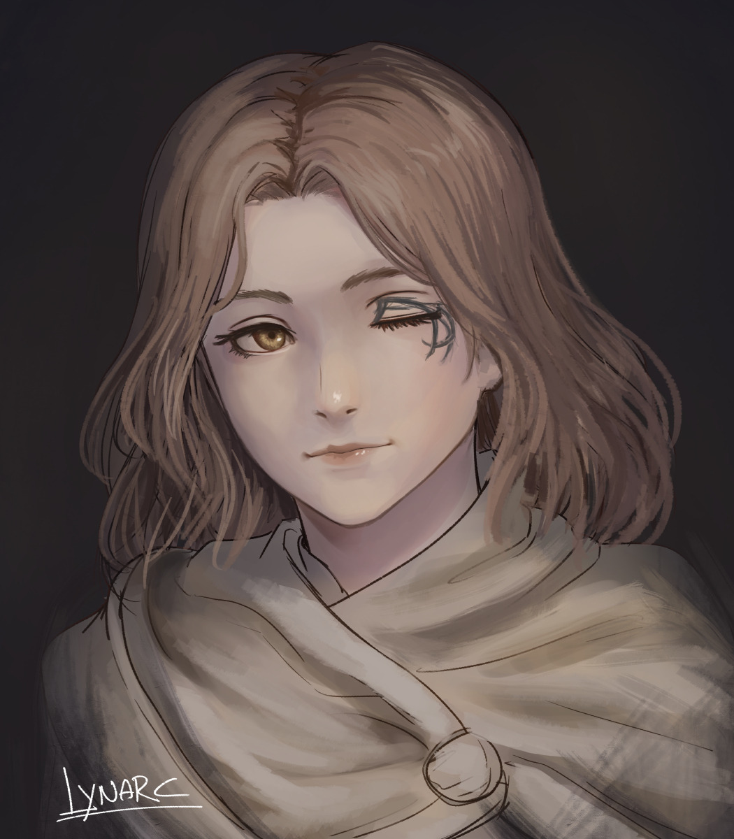 1girl artist_name brown_background brown_eyes brown_hair capelet closed_mouth elden_ring facial_tattoo grey_capelet highres lips long_hair looking_at_viewer lynarc melina_(elden_ring) one_eye_closed pink_lips simple_background smile solo tattoo wavy_hair