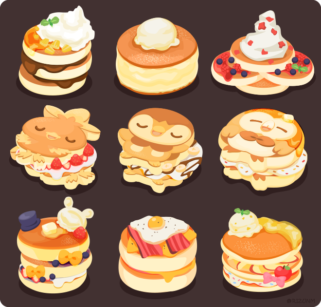animal-themed_food apple bacon banana banana_slice black_background blueberry bow butter character_request cheese chocolate_syrup commentary_request fate/grand_order fate_(series) food food_focus fried_egg fruit gen_3_pokemon gen_4_pokemon gen_7_pokemon ice_cream nintendo no_humans pancake pancake_stack pepper_(spice) pineapple pineapple_slice pink_bow piplup pokemon raspberry rizu_(rizunm) rowlet shadow simple_background sprinkles strawberry strawberry_slice syrup torchic whipped_cream yellow_bow
