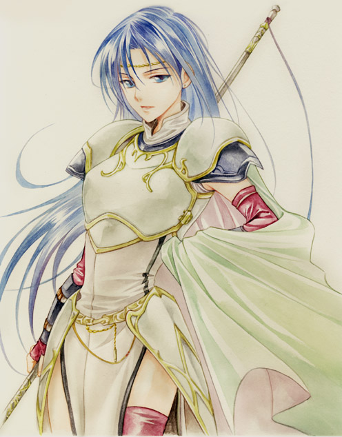1girl agahari armor blue_eyes blue_hair cape circlet earrings elbow_gloves female_focus fingerless_gloves fire_emblem fire_emblem:_the_blazing_blade gloves isadora_(fire_emblem) jewelry knight lipstick long_hair makeup matching_hair/eyes nintendo polearm solo spear tabard thighhighs weapon