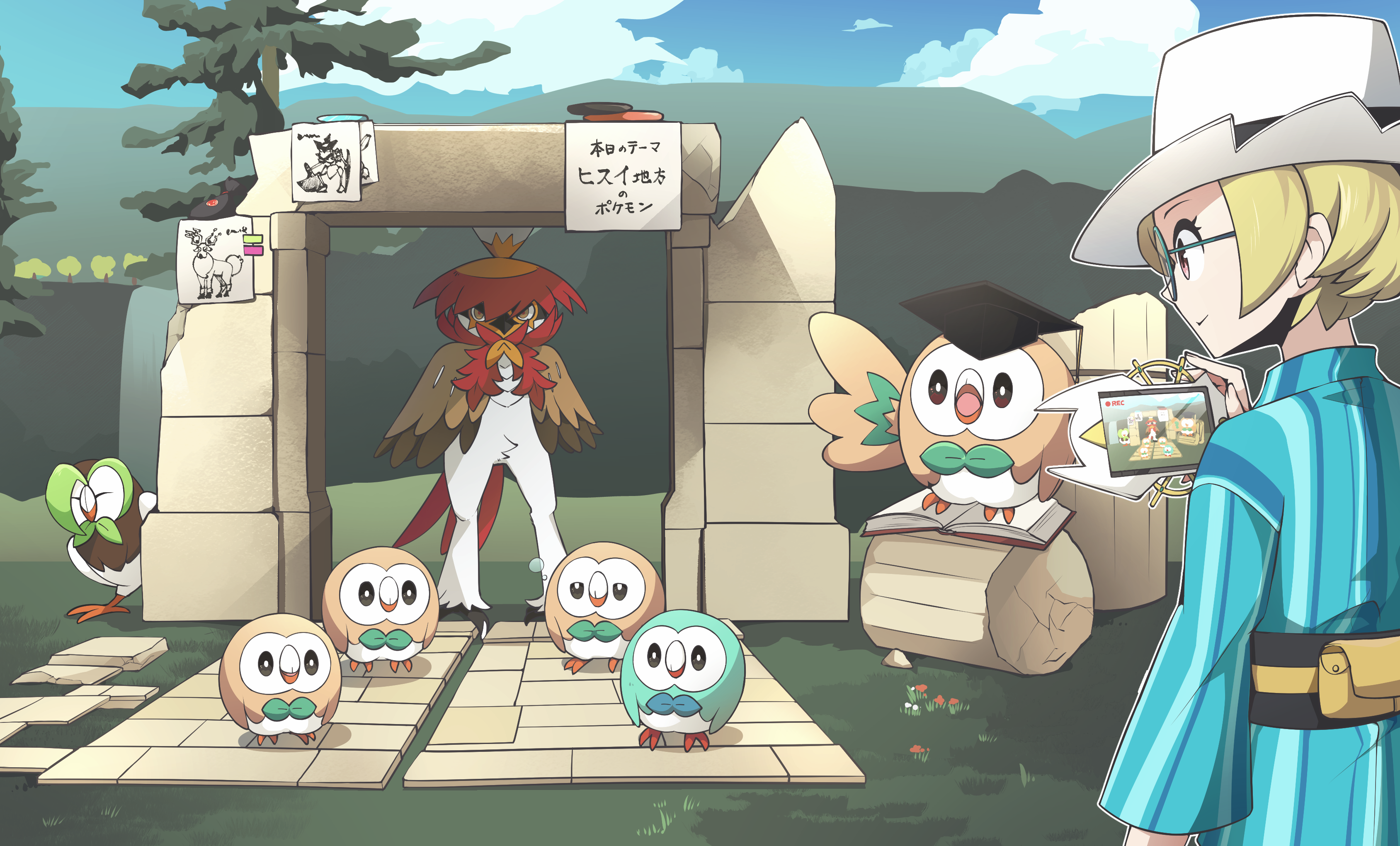1girl absurdres alternate_color arc_phone black_sash blonde_hair book broken_pillar closed_mouth cloud commentary_request dartrix day drawing_(object) evolutionary_line eyelashes gen_7_pokemon glasses grass green-framed_eyewear hachijuu_suzume hand_up hat highres hisuian_decidueye holding holding_phone kleavor nintendo outdoors phone pokemon pokemon_(creature) rowlet sash shiny_pokemon short_hair sky translation_request tree white_hat wyrdeer