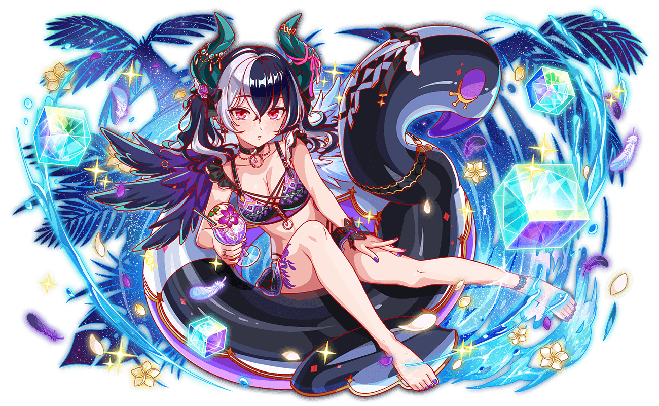 1girl alternate_costume alternate_hairstyle alternate_wings anime_coloring anklet aqua_eyeshadow artist_request bare_arms bare_legs bare_shoulders barefoot belt belt_buckle bikini bikini_skirt black_belt black_bikini black_bow black_choker black_hair black_wings black_wrist_cuffs blue_horns blue_nails bow bow_flower breasts buckle choker cleavage collarbone crash_fever cream cross-laced_bikini cross-laced_clothes cube cup demon_girl demon_horns dot_nose drink drinking_glass drinking_straw earrings eyeshadow feathers fingernails flower flower_request from_above full_body game_cg gem hair_bow holding holding_drink horn_ornament horn_ribbon horn_ring horns ice inflatable_flamingo innertube jewelry lace-trimmed_bow lace_trim leg_tattoo light_blush lucifer_(crash_fever) makeup medium_breasts medium_hair mini_wings multi-strapped_bikini_bottom multi-strapped_bikini_top multicolored_bikini multicolored_hair multiple_wings nail_polish narrow_waist number_print numbered o-ring o-ring_choker official_alternate_costume official_alternate_hairstyle official_alternate_wings official_art on_innertube outline palm_leaf palm_tree partially_submerged pink_ribbon plumeria print_bikini purple_bow purple_flower purple_liquid purple_outline purple_petals raised_eyebrows red_eyes red_gemstone red_outline ribbon ring skinny solo sparkle square square_print streaked_hair swim_ring swimsuit tachi-e tattoo teardrop-shaped_gem third-party_source toenails transparent_background tree twintails two-tone_hair water_drop wavy_hair wet white_feathers white_flower white_hair white_petals white_wings wing_ornament wings wrist_cuffs zipper zipper_pull_tab