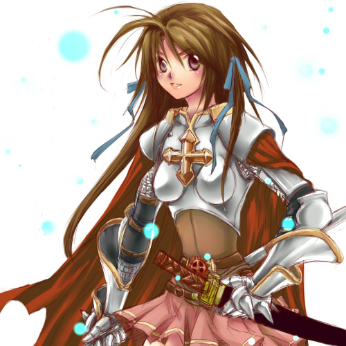 1girl 2000s_(style) ahoge armor blush boobplate breastplate brown_eyes brown_hair cape commentary_request cowboy_shot cross cross_of_prontera holding holding_sheath holding_sword holding_weapon itsuru katana looking_at_viewer lord_knight_(ragnarok_online) lowres miniskirt open_mouth pauldrons pink_skirt ragnarok_online red_cape scabbard sheath shoulder_armor simple_background skirt smile solo spiked_gauntlets sword weapon white_background