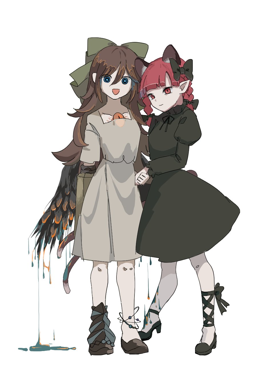 2girls :d alternate_costume alternate_eye_color animal_ears arms_behind_back asymmetrical_footwear atom bird_wings black_bow black_dress blue_eyes bow braid brown_hair cat_ears cat_tail dress dropping extra_ears feathered_wings glowing glowing_eyes green_bow green_dress hair_bow high_heels highres holding_hands kaenbyou_rin leg_ribbon long_hair looking_at_viewer molten_metal lava multiple_girls multiple_tails open_mouth pointy_ears puffy_sleeves red_eyes red_hair reiuji_utsuho ribbon simple_background slit_pupils smile standing tail third_eye touco_to touhou twin_braids two_tails veins white_background white_tree wings