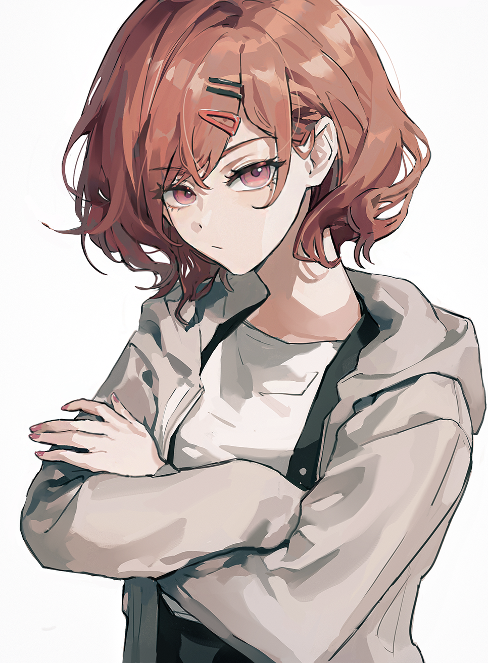 1girl closed_mouth coat grey_coat hair_ornament highres higuchi_madoka idolmaster idolmaster_shiny_colors orniflop red_eyes red_hair shirt short_hair solo white_background white_shirt