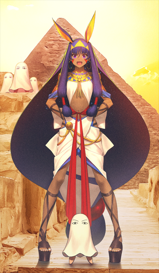 1girl ancient_egyptian_clothes animal_ears brown_sandals commentary creature dark-skinned_female dark_skin earrings extra_ears fate/grand_order fate_(series) full_body gold_earrings hair_tie hands_on_own_hips headband hoop_earrings jewelry long_hair looking_at_viewer low-tied_long_hair low-tied_sidelocks markings_on_cheeks medjed_(fate) navel nitocris_(fate) no_socks official_art open_mouth outdoors photo_background platform_sandals purple_eyes purple_hair pyramid_(structure) rabbit_ears red_sash sandals sash shima_udon shirt sidelocks skirt smile solo standing third-party_source toenails very_long_hair white_nails white_shirt white_skirt yellow_headband