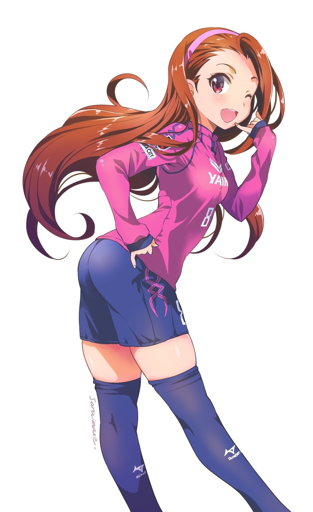 1girl ass black_thighhighs blush brown_hair cerezo_osaka dated hairband highres idolmaster idolmaster_(classic) inoue_sora j._league long_hair looking_at_viewer minase_iori one_eye_closed open_mouth photoshop_(medium) red_eyes revision shorts signature smile soccer soccer_uniform solo sportswear thighhighs