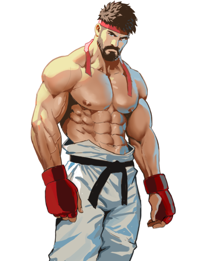 1boy abs bara beard commentary facial_hair full_beard hand_guard hassbroart headband large_pectorals looking_at_viewer male_focus muscular muscular_male navel nipples pants pectorals red_headband ryu_(street_fighter) short_hair simple_background solo street_fighter street_fighter_6 topless_male veins veiny_arms white_background white_pants