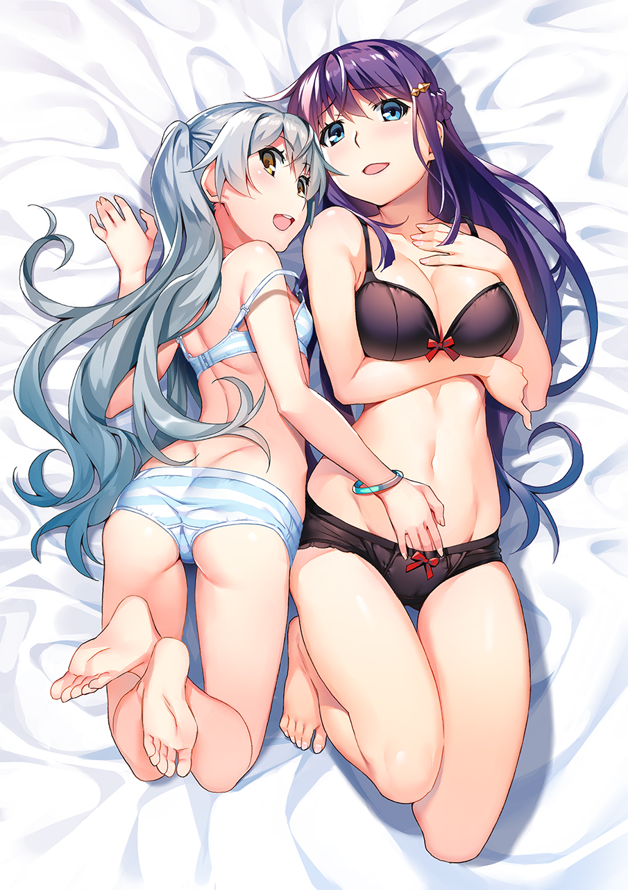 2girls ass barefoot bed_sheet black_panties blue_eyes bra braid french_braid fukami_rena grisaia_(series) grisaia_phantom_trigger hand_in_panties highres looking_at_viewer lying multiple_girls navel official_art on_back open_mouth panties shishigaya_touka soles striped_bra striped_clothes striped_panties underwear underwear_only watanabe_akio yellow_eyes