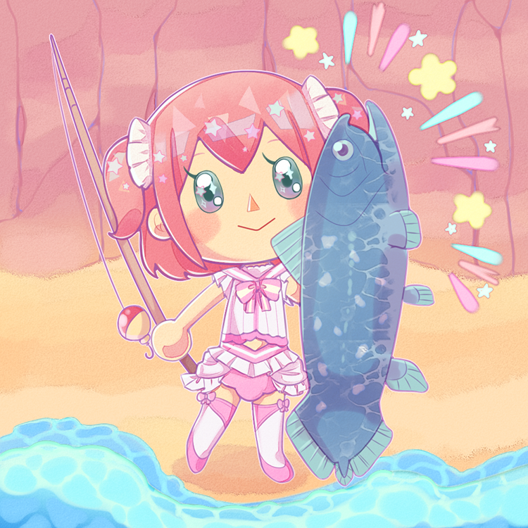 1girl :&gt; animal animal_crossing animal_crossing_(style) beach boots bow bowtie chibi clothing_cutout coelacanth commentary day double-parted_bangs dreamy_minty emphasis_lines english_commentary facing_viewer fish fishing_rod full_body head_tilt heel_up holding holding_animal holding_fish holding_fishing_rod kurosawa_ruby layered_skirt light_blush love_live! medium_hair multicolored_boots navel_cutout nintendo no_fingers outdoors pastel_colors pink_boots pink_bow pink_bowtie sailor_collar showgirl_skirt skirt solid_oval_eyes solo sparkling_eyes standing star_(symbol) striped_bow striped_bowtie striped_clothes thigh_boots thigh_bow triangle_nose two-tone_boots two_side_up white_boots