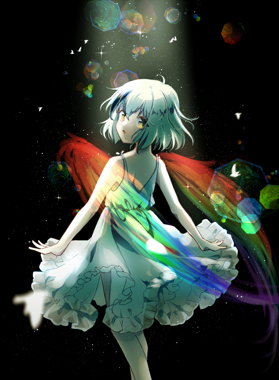 1girl ahoge akinomiya_asuka black_hair commentary_request dress frilled_dress frills highres hollow_song_of_birds light_particles looking_back multicolored_hair open_mouth original rainbow short_hair sleeveless sleeveless_dress solo torisumi_horou touhou white_dress white_hair yellow_eyes