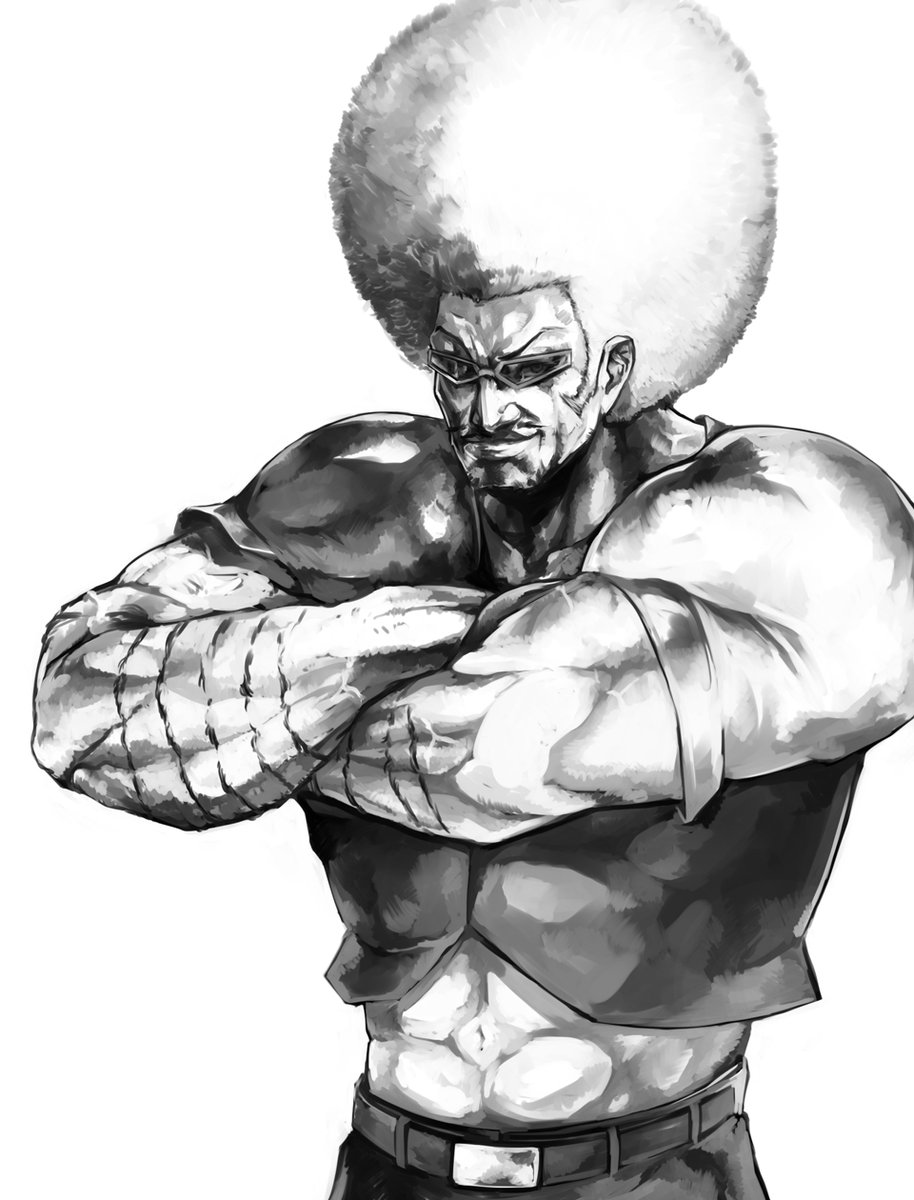 1boy abs afro bobobo-bo_bo-bobo bobobo-bo_bo-bobo_(character) closed_mouth crossed_arms facial_hair greyscale highres kurou_(bcrow) lips male_focus monochrome muscular muscular_male scar scar_on_arm shirt simple_background solo sunglasses upper_body