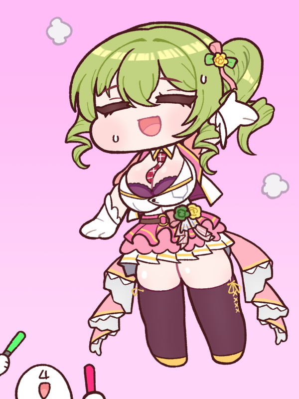 1boy 1girl =_= between_breasts black_thighhighs boots bra breasts bulga chibi cleavage commander_(last_origin) drill_hair erato_(last_origin) faceless faceless_male gloves glowstick gradient_background green_hair hair_between_eyes idol_clothes last_origin necktie necktie_between_breasts one_side_up open_mouth pink_background pleated_skirt simple_background skirt smile sweat thigh_boots thighhighs underwear white_gloves