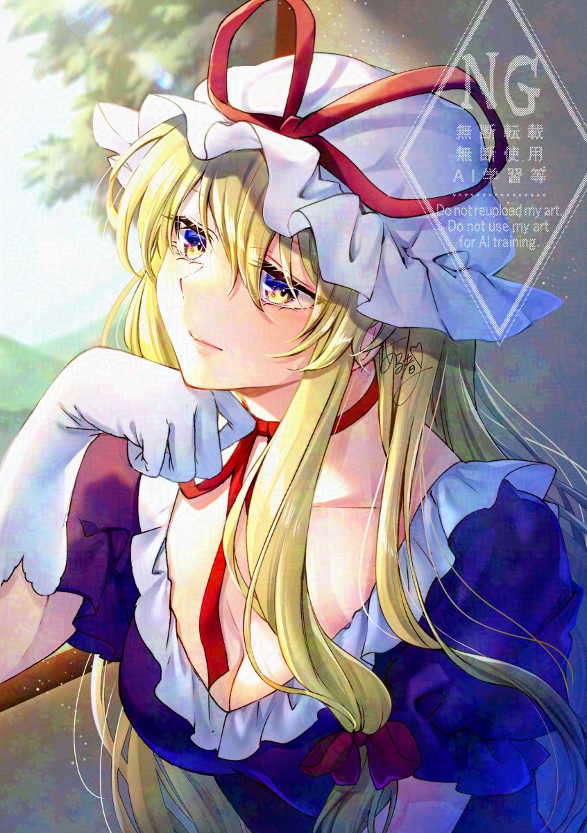 1girl alto2019 blonde_hair breasts choker cleavage dress expressionless frills gloves hair_between_eyes hair_ribbon hat head_rest highres large_breasts long_hair looking_outside looking_to_the_side mob_cap purple_dress purple_eyes ribbon ribbon_choker short_sleeves signature solo touhou upper_body watermark white_gloves window yakumo_yukari