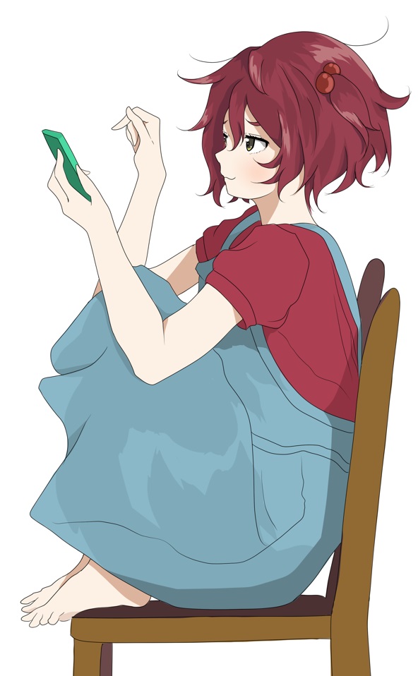 1girl barefoot blue_overalls brown_eyes brown_hair chair full_body gogottu2000 hair_bobbles hair_ornament holding holding_phone komari_chika make_heroine_ga_oo_sugiru! overall_skirt overalls phone profile red_shirt shirt short_hair short_sleeves simple_background sitting smile solo white_background