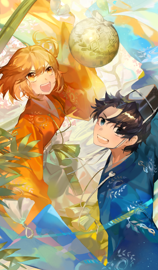 1boy 1girl ball black_hair black_hat blue_eyes blue_kimono breasts chaldea_logo chin_strap commentary curtained_hair fate/grand_order fate_(series) from_above fujimaru_ritsuka_(female) fujimaru_ritsuka_(male) green_sash hair_between_eyes hakama hat japanese_clothes kemari kimono long_sleeves looking_up medium_hair natsuko_(summer_525528) new_year official_alternate_costume official_art one_side_up open_mouth orange_eyes orange_hair orange_kimono playing_sports print_kimono sash short_hair sidelocks smile tate_eboshi teeth third-party_source upper_teeth_only v-shaped_eyebrows white_hakama wide_sleeves