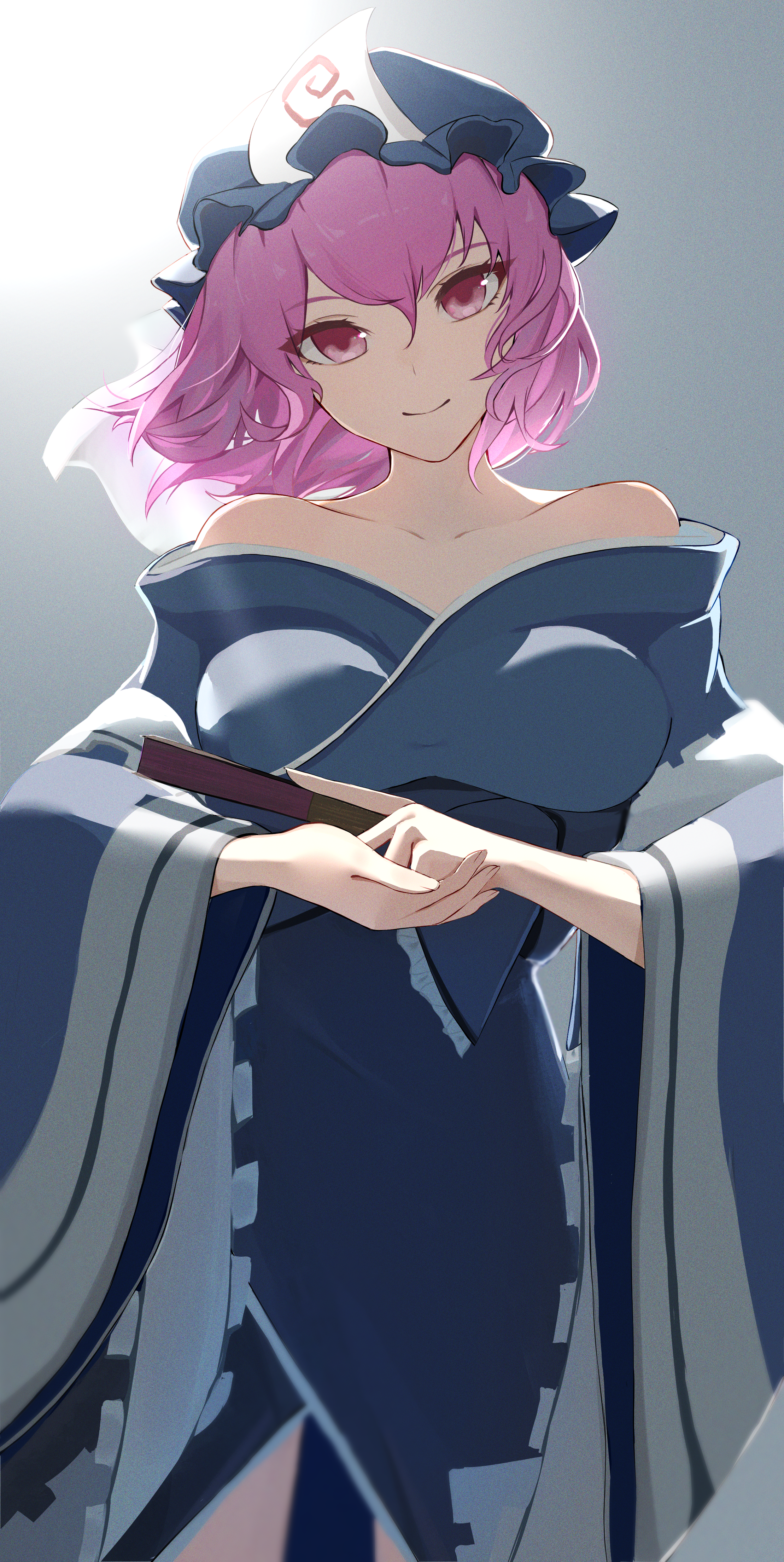 1girl absurdres backlighting bare_shoulders blue_kimono collarbone floating_hair hand_fan hat head_tilt highres holding holding_fan japanese_clothes kimono looking_at_viewer mob_cap off_shoulder palulap paper_fan pink_eyes pink_hair saigyouji_yuyuko short_hair simple_background smile solo touhou wide_sleeves