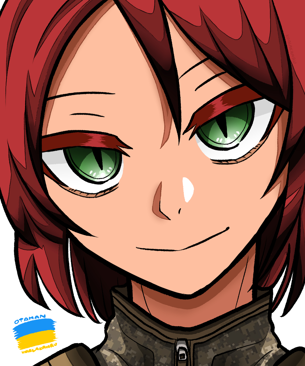 1boy bad_source camouflage green_eyes head_tilt highres kenneth_del_duca kkanru koalakanru long_hair looking_at_viewer military military_fatigues military_uniform original otaman_(mariverse) red_hair russo-ukrainian_war slit_pupils smile soldier ukraine ukrainian_flag white_background zipper