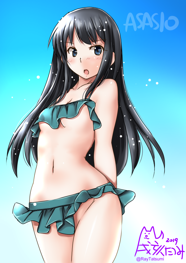 1girl arms_behind_back artist_logo asashio_(kancolle) bikini bikini_skirt black_hair blue_background blue_eyes breasts character_name collarbone cosplay cowboy_shot female_focus gradient_background green_bikini kantai_collection kasumi_(kancolle) kasumi_(kancolle)_(cosplay) kasumi_kai_ni_(kancolle) kasumi_kai_ni_(swimsuit)_(kancolle) logo long_hair looking_at_viewer navel open_mouth small_breasts solo standing swimsuit tatsumi_ray twitter_username