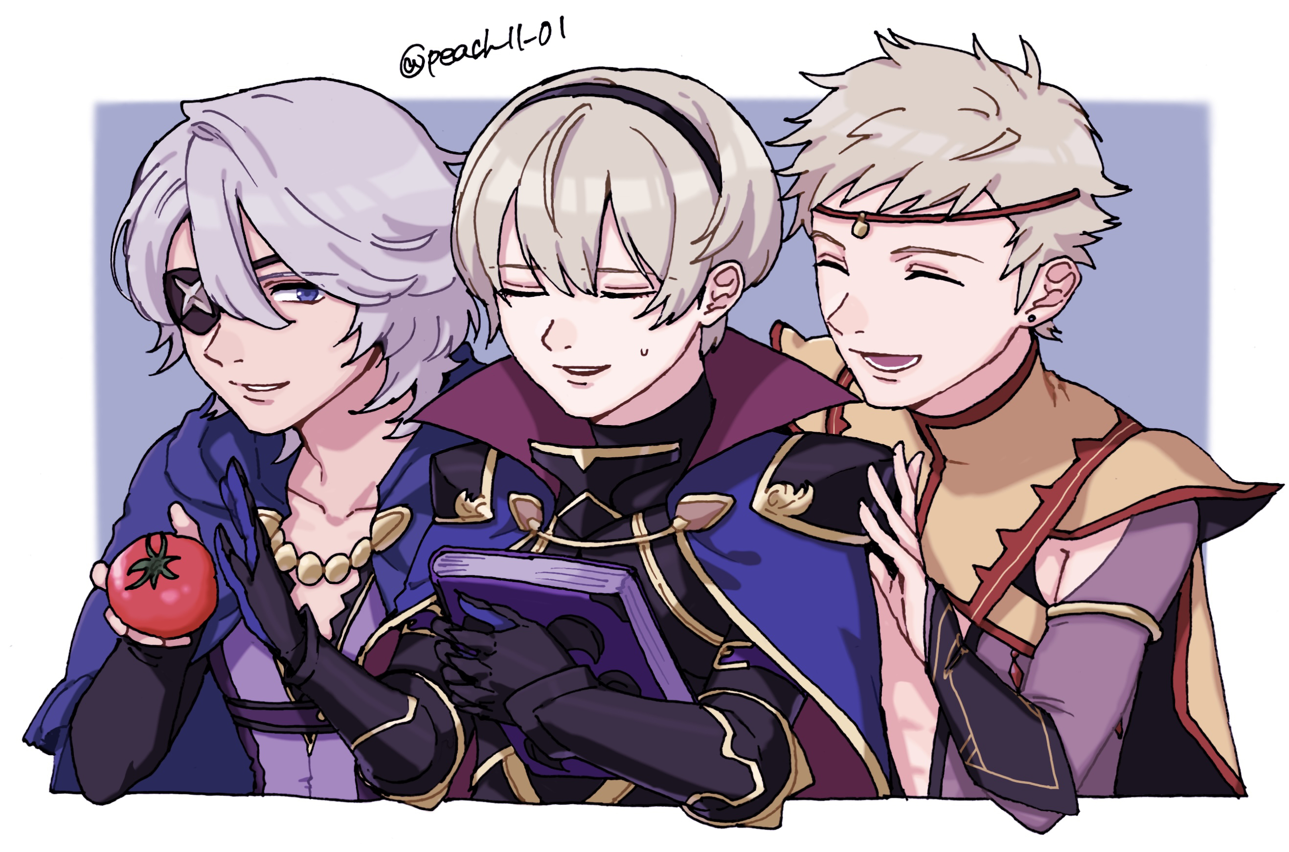 3boys armor black_armor blonde_hair book eyepatch fire_emblem fire_emblem_fates grey_hair highres holding holding_book leo_(fire_emblem_fates) male_focus multiple_boys niles_(fire_emblem) nintendo odin_(fire_emblem) shamu_(peach11_01) tomato