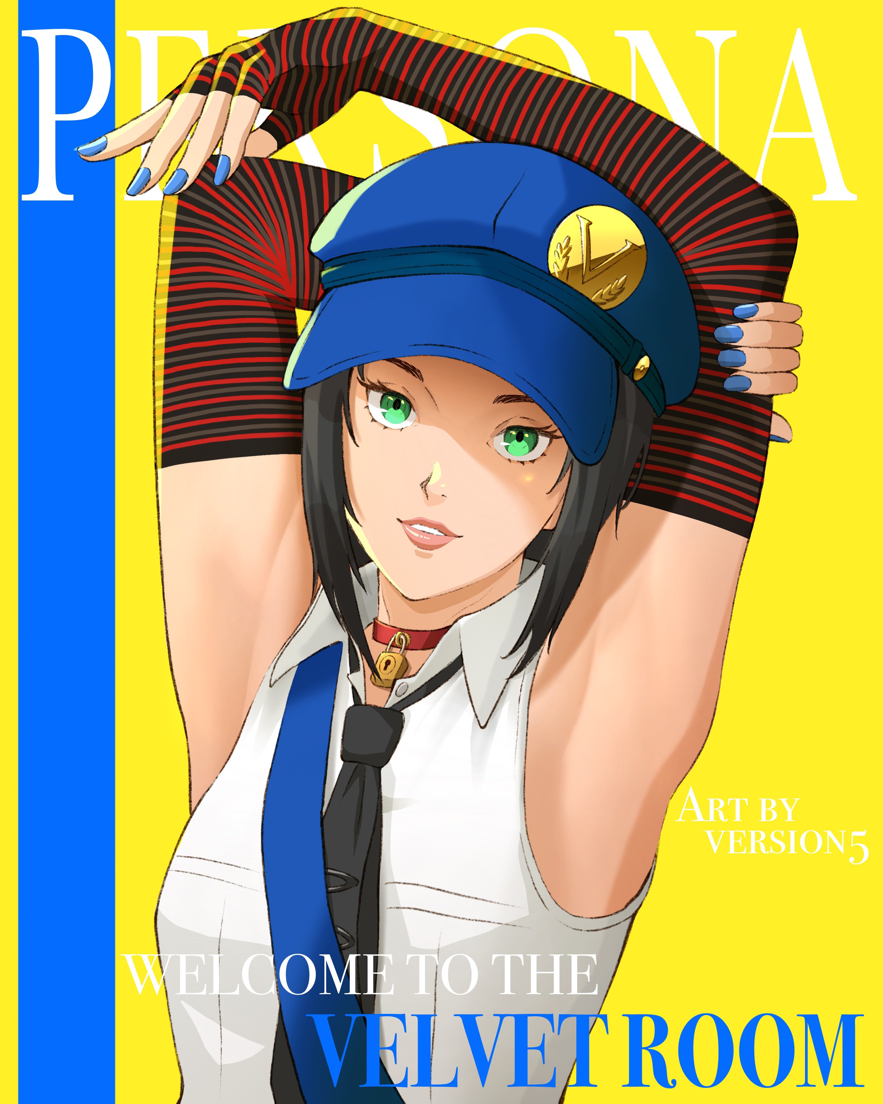 1girl absurdres arm_behind_head armpits arms_up black_gloves black_hair black_necktie blue_hat blue_nails choker commentary elbow_gloves english_commentary english_text fingerless_gloves gloves green_eyes hat highres lock looking_at_viewer loose_necktie marie_(persona_4) nail_polish necktie padlock padlocked_choker parted_lips persona persona_4 persona_4_the_golden pink_lips red_choker shirt short_hair sleeveless sleeveless_shirt solo striped_clothes striped_gloves upper_body version5art white_shirt
