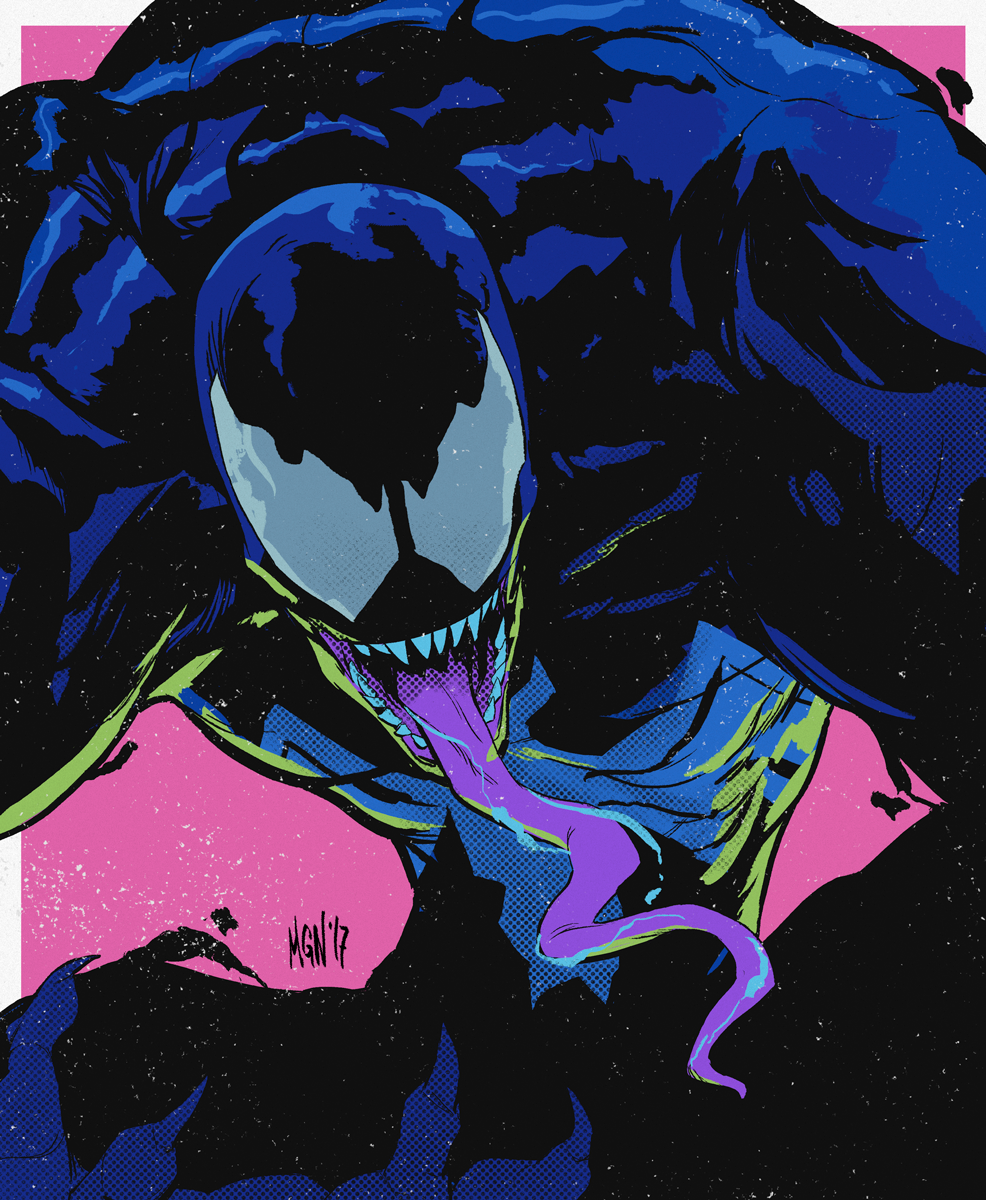1boy blank_eyes border commentary dated english_commentary highres long_tongue maganaworks male_focus marvel open_mouth outside_border pink_background saliva sharp_teeth signature solo spider-man_(series) symbiote teeth third-party_source tongue tongue_out venom_(marvel) very_long_tongue white_border