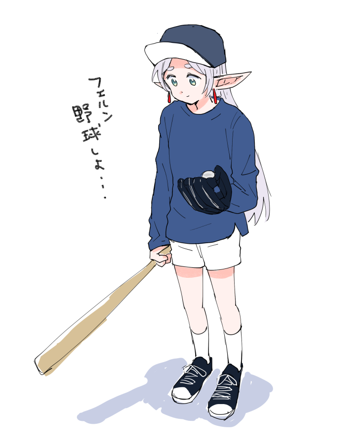 1girl baseball baseball_bat baseball_glove contemporary earrings elf frieren green_eyes jewelry long_hair mutsu_(layergreen) pointy_ears short_shorts shorts solo sousou_no_frieren translated white_background