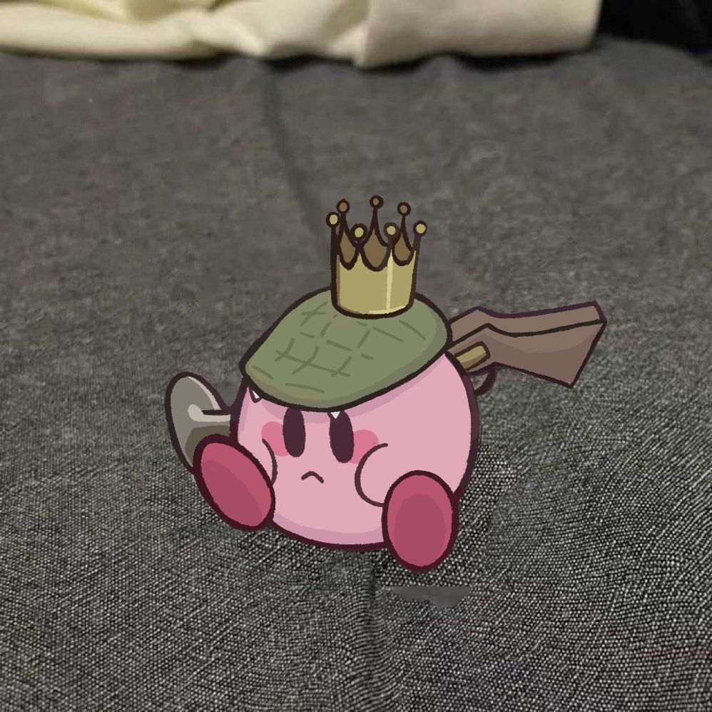 :&lt; antique_firearm blunderbuss blush_stickers colored_skin copy_ability cosplay crown donkey_kong_(series) donkey_kong_country firearm gun king_k._rool king_k._rool_(cosplay) kirby kirby_(series) nintendo no_humans photo-referenced photo_background pink_skin sitting solid_oval_eyes solo starroad super_smash_bros. weapon
