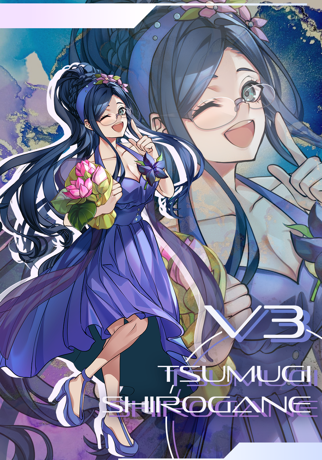 1girl blue_eyes blue_hair bouquet breasts character_name cleavage collarbone commentary_request danganronpa_(series) danganronpa_v3:_killing_harmony dress eyelashes flower full_body glasses green_eyes hair_flower hair_ornament high_heels high_ponytail highres holding holding_bouquet large_breasts long_dress long_hair looking_at_viewer nota_sayaka official_alternate_costume official_alternate_hairstyle one_eye_closed open_mouth pink_flower ponytail purple_dress shirogane_tsumugi smile solo standing standing_on_one_leg very_long_hair