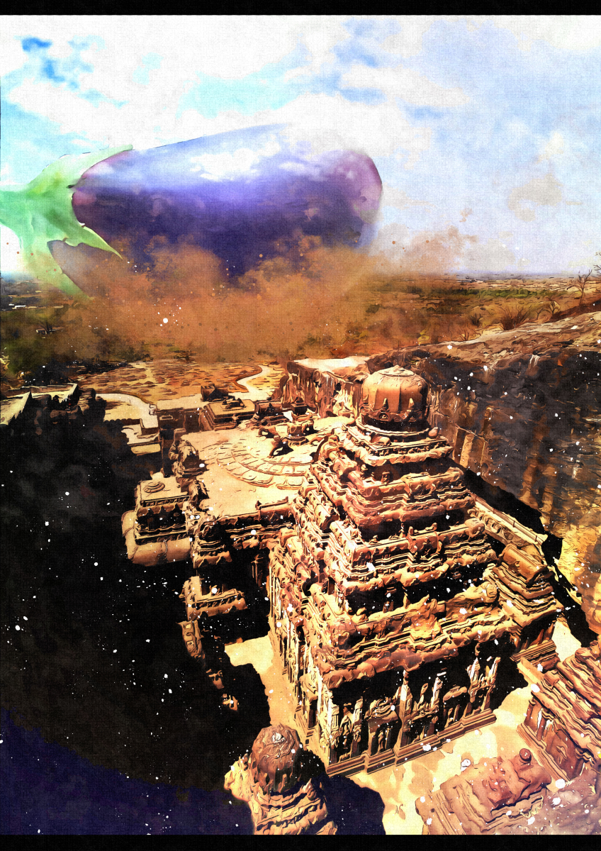 architecture blue_sky cloud cloudy_sky eggplant food highres india kobe5 landscape letterboxed no_humans original real_world_location scenery sky temple vegetable