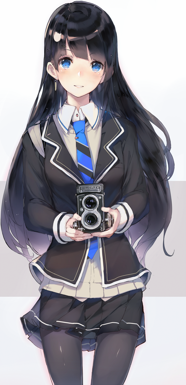 1girl bad_id bad_pixiv_id black_hair black_pantyhose blue_eyes blush camera earrings female_focus hadean92 highres jewelry light_smile long_hair looking_at_viewer necktie original pantyhose parted_lips school_uniform skirt smile solo thighhighs twin-lens_reflex_camera