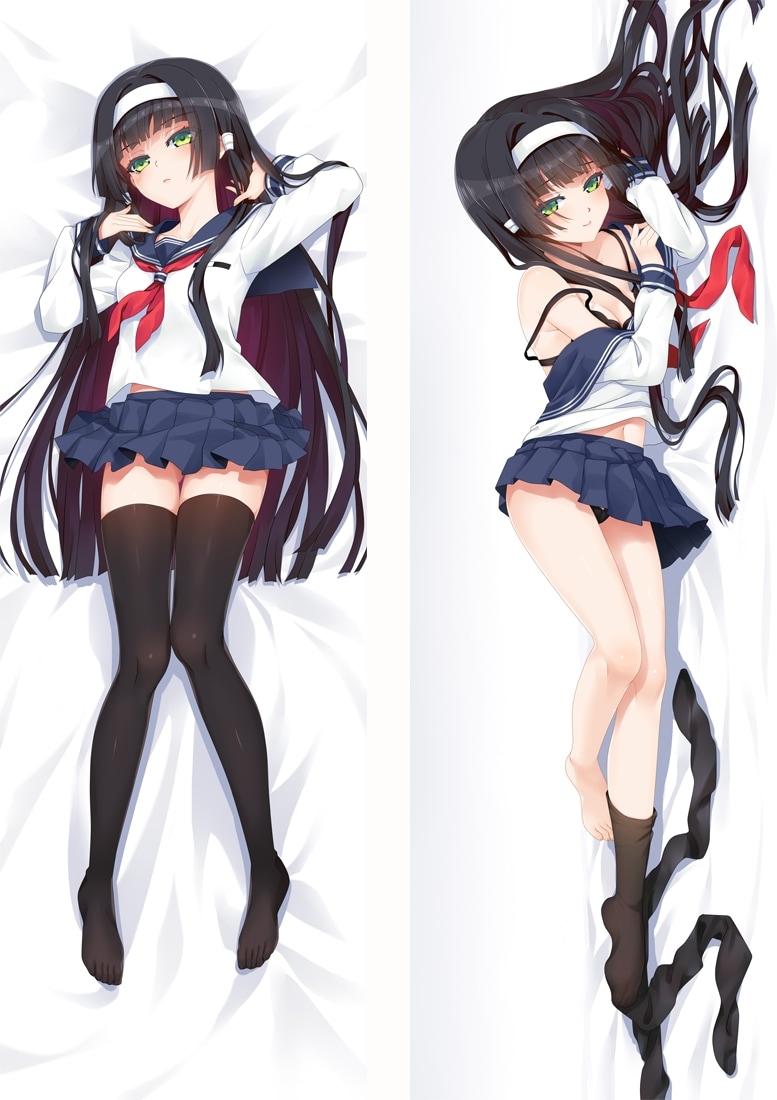 1girl bed_sheet bishoujo_mangekyou bishoujo_mangekyou:_kotowari_to_meikyuu_no_shoujo bishoujo_mangekyou_(series) black_bra black_hair black_panties black_thighhighs blue_sailor_collar blue_skirt blunt_bangs bra breasts cleavage closed_mouth collared_shirt dakimakura_(medium) from_above from_side full_body gradient_hair green_eyes hair_intakes hairband long_hair long_sleeves looking_at_viewer lying midriff miniskirt moeanime multicolored_hair navel neckerchief on_back on_side panties pleated_skirt red_neckerchief renge_(bishoujo_mangekyou) sailor_collar sailor_shirt school_uniform serafuku shirt skirt small_breasts smile stomach thighhighs underwear very_long_hair white_hairband white_shirt zettai_ryouiki