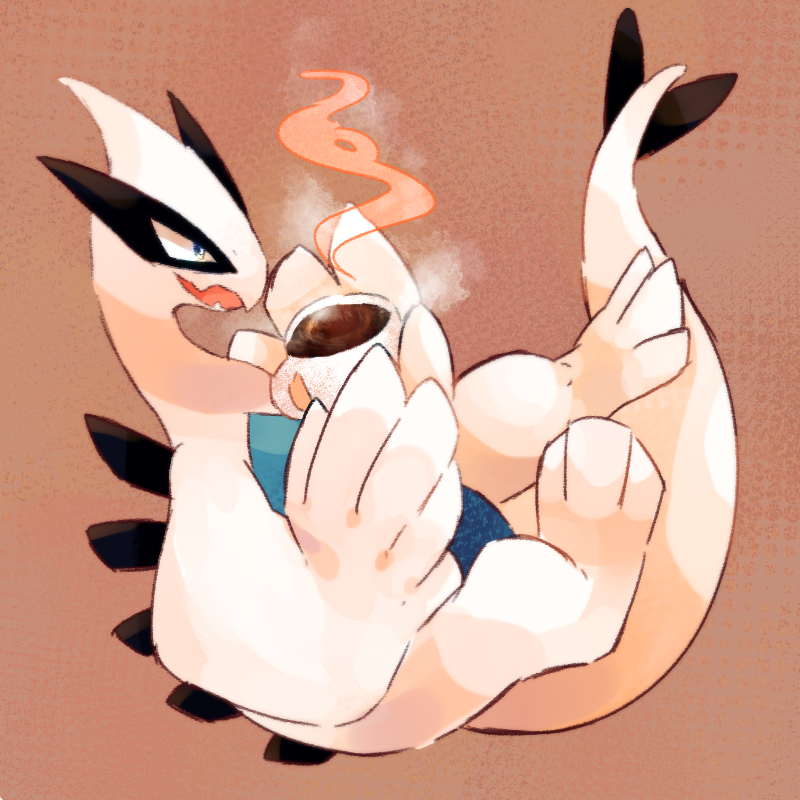 blue_eyes coffee creatures_(company) cup fang game_freak gen_2_pokemon holding legendary_pokemon lugia nintendo no_humans open_mouth pokemon pokemon_(creature) smile solo wings zoroa553