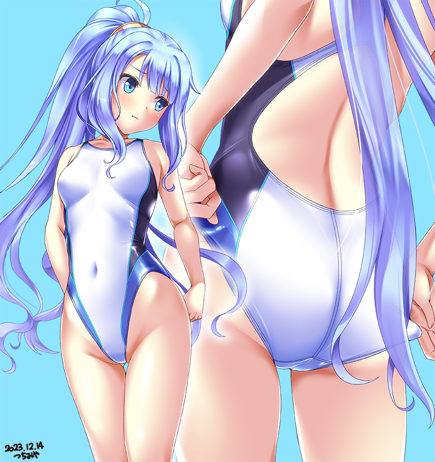 1girl adjusting_clothes adjusting_swimsuit ass back blue_background breasts competition_swimsuit covered_navel cowboy_shot dated felarya iris_mysteria! one-piece_swimsuit ponytail priscilla_marcell_de_palvin purple_hair signature small_breasts solo swimsuit tsuchimiya white_one-piece_swimsuit