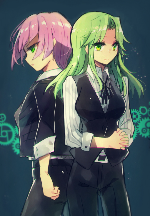 2girls bad_id bad_pixiv_id cowboy_shot echidna_isaki full_body green_eyes green_hair lamia_loveless lemon_browning long_hair multiple_girls nunuko_(mu661129) pink_hair super_robot_wars super_robot_wars_advance super_robot_wars_advance_portable super_robot_wars_original_generation very_long_hair