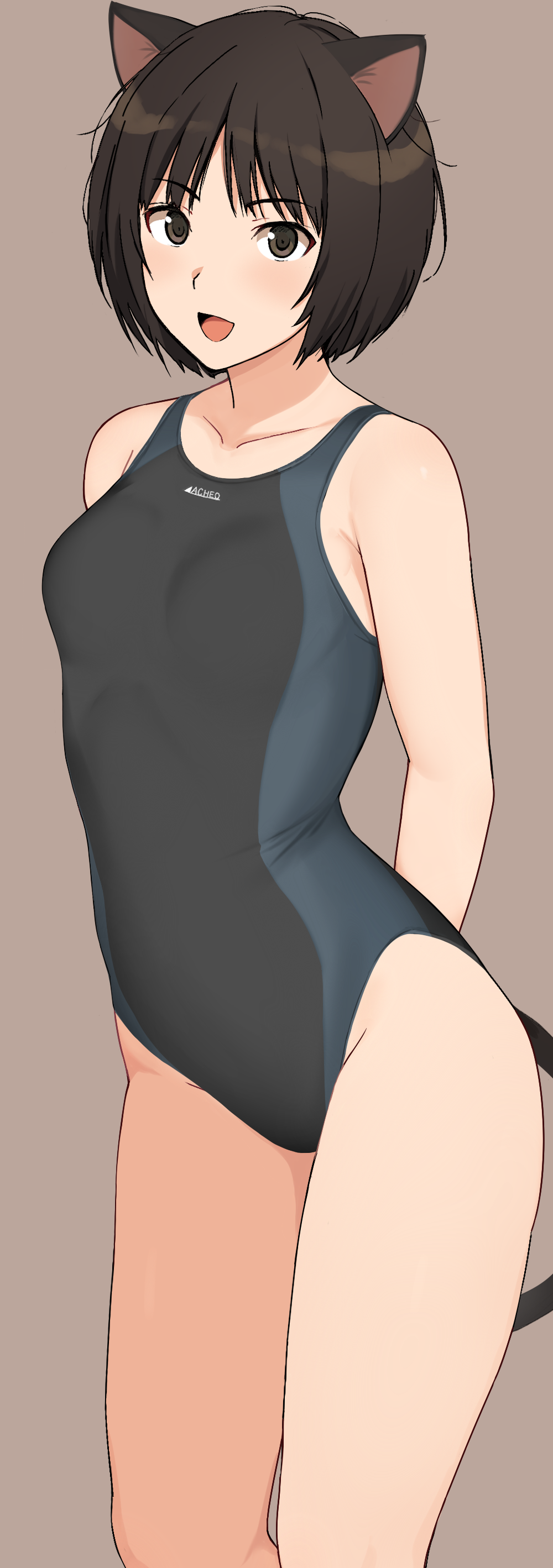 1girl absurdres amagami animal_ears arms_behind_back black_eyes black_hair black_one-piece_swimsuit breasts brown_background cat_ears cat_girl cat_tail collarbone commentary_request competition_swimsuit female_focus highres kemonomimi_mode looking_at_viewer medium_breasts mobu one-piece_swimsuit open_mouth short_hair simple_background solo standing swimsuit tachibana_miya tail thighs